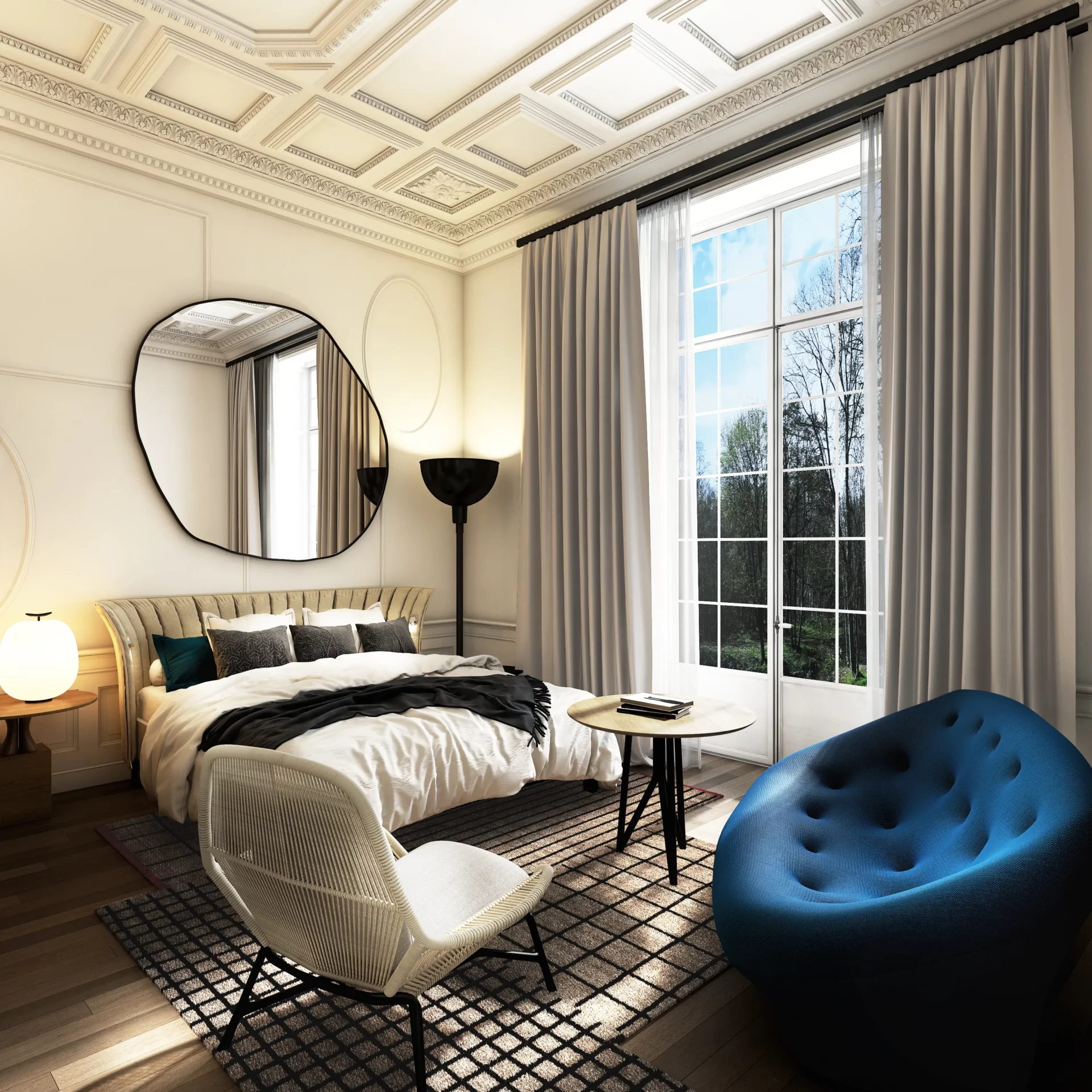 Vue d’une chambre lumineuse mêlant éléments patrimoniaux, mobilier design, grande baie vitrée et palette de tons clairs rehaussée de touches de bleu.